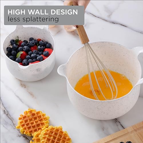 Nesting Plastic Mixing Bowl Set with Pour Spouts and Handles (Speckled White / 6 Piece Non-Slip)