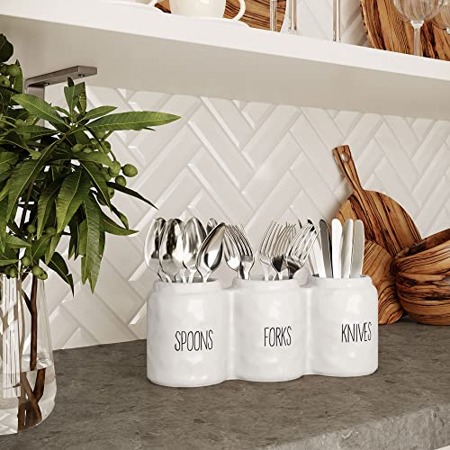 Ceramic Silverware Caddy Utensil Holder 12.5” x 5” (White)