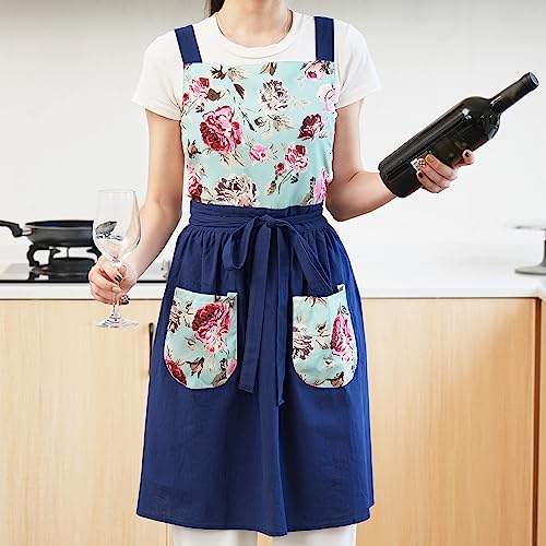 Vintage Pinafore Apron Dress for Women with Pockets Cute Floral Chef Aprons for Kitchen Cooking Baking Gardening (Navy)