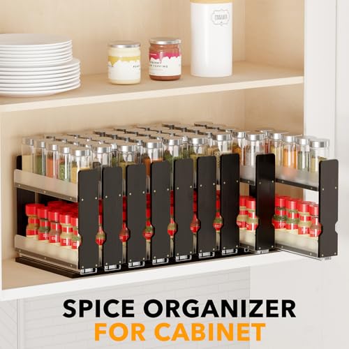 Bamboo Pull Out Spice Rack Organizer for Cabinet (7.6" Wide, 3 Drawers(2" Wide), 2-Tier / Black)