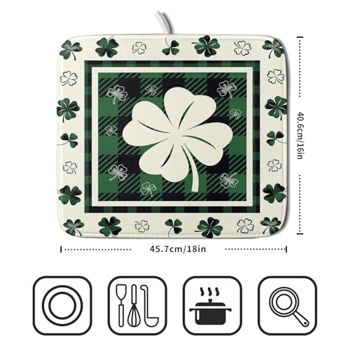 Patrick Clovers Dish Drying Mat 16"x18" Lucky Shamrock Spring Leaf Dish Drainer Mats Green Black Buffalo Plaids Absorbent Microfiber Dish Drying Pad for Kitchen Countertop Small Decor (18" x 16")