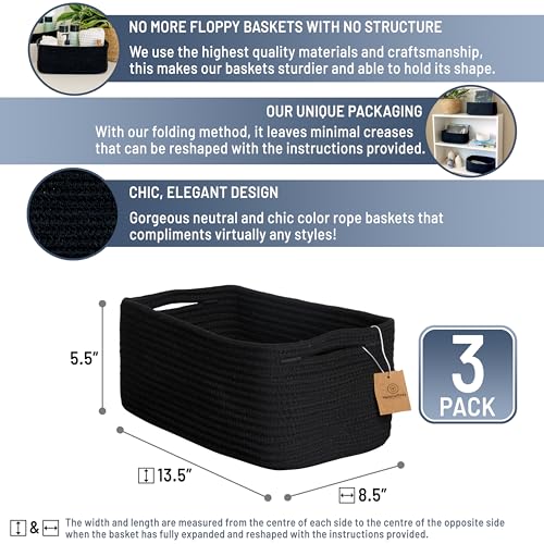 13.5”x8.5”x5.5” Rectangle Storage Baskets for Shelves 3 Pack (Black / 13.5" x 8.5" x 5.5")