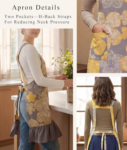 Vintage Aprons for Women with Pockets Cute Pinafore Apron Dress for Kitchen Cooking Baking Gardening (Floral Yellow)