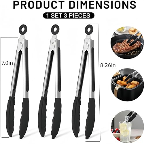 Mini Tongs with Silicone Tips (W125--3pcs-7Inch-Black tongs)