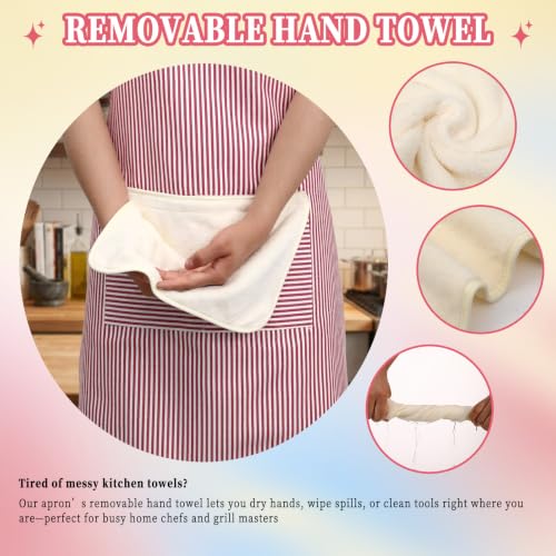 2 Pack Striped Kitchen Aprons with Detachable Hand Wipe