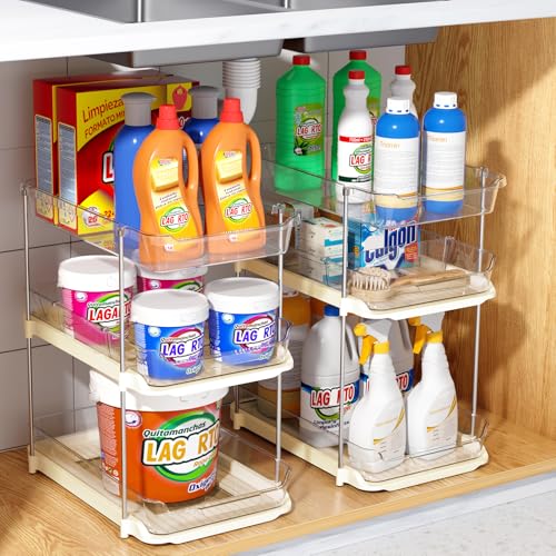 2 Pack 3 Tier Bathroom Under Sink Organizers and Storage (Beige / 2 Pack 3-Tier)