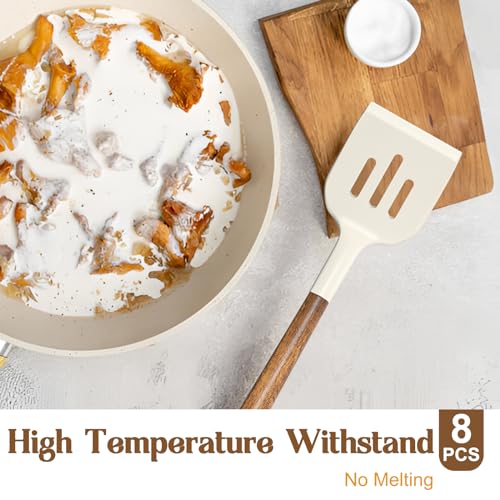 Non Stick Silicone Kitchen Utensils Set with Natural Acacia Hard Wood Handle (White)