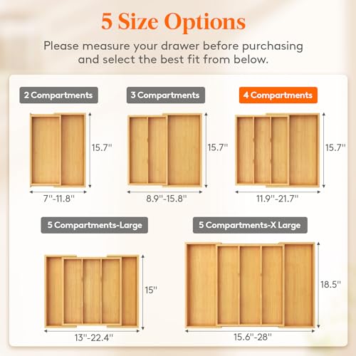 Bamboo Utensil Organizer for Kitchen Drawer (Natural / 11.9~21.7'' W x 15.75'' D)