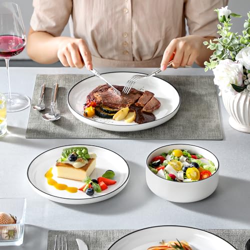 18 Pcs Porcelain Plates and Bowls Sets (Ivory White-Black Rim / 18 Pcs (Service for 6))