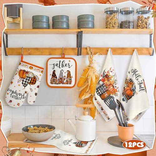 12 Pcs Fall Pumpkin Kitchen Towels Oven Mitts Pot Holders Set (Fall Pumpkin)