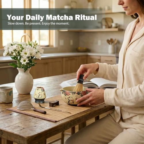 Matcha Set, 7-Piece Matcha Whisk Set with Bowl & 100-Prong Whisk (Beige-Kitten)
