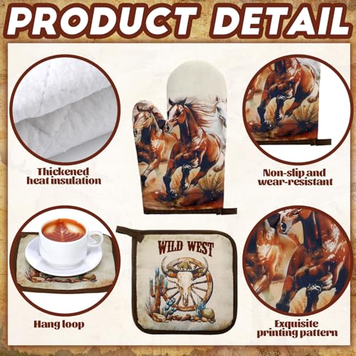 6 Western Kitchen Towels Oven Mitts and Pot Holders Sets (Brown / Western)