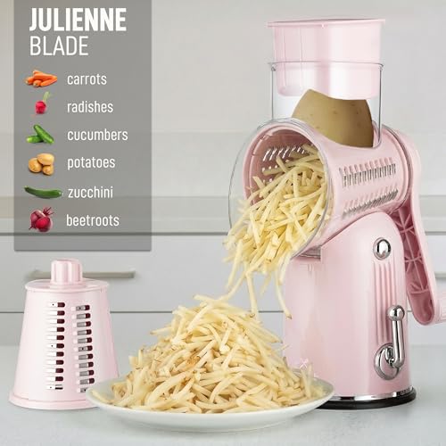 Rotary Cheese Grater Manual Hand Crank 5 Blade Shredder (5 Blades / Classic | Pink)