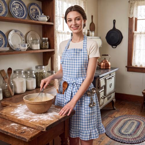 Vintage Apron Ruffle Dress Women 2 Pockets (Light Blue / Gingham)