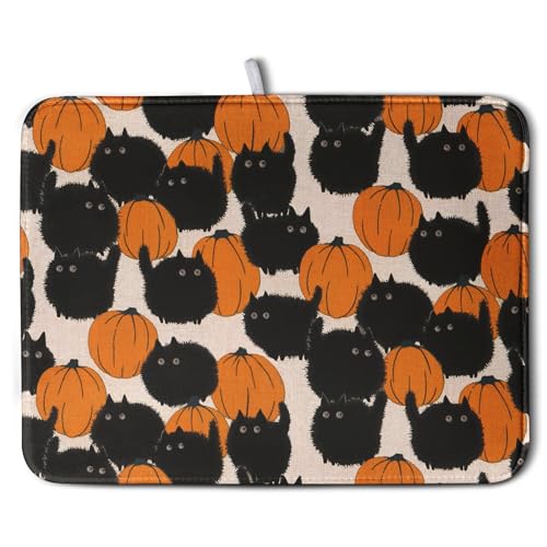 Happy Halloween Dish Drying Mat for Kitchen Counter 18x24 Inch Cute Pumpkin Black Cat Trick or Treat Drying Mats Large Microfiber Absorbent Dish Rack Pad for Coffee Bar Sinks Home Accessories (Halloween Cat / 18" x 24")