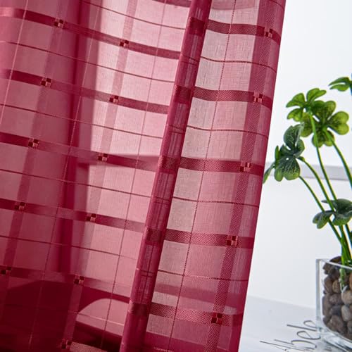 Check Sheer Curtains 72 Inches Long for Living Room (Check - Burgundy / 52"W x 72"L (Pack of 2))