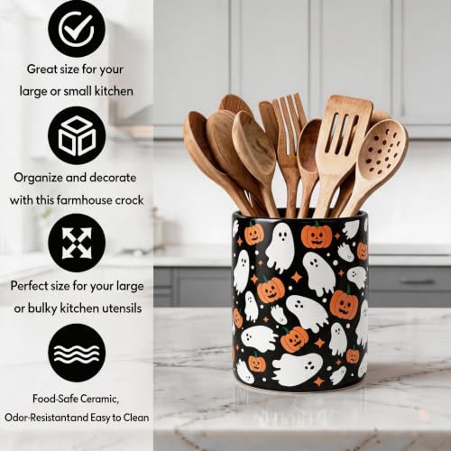 Halloween Ceramic Utensil Holder Ghost Pumpkin Kitchen Crock (Halloween Black Ghost)