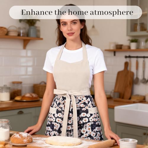 Cute Floral Aprons for Women with Pockets (Medium / Black Beige)