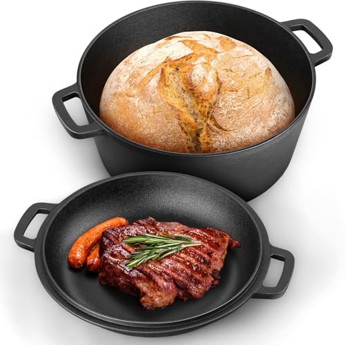 2 In 1 Black Dutch Oven Pot with Lid for Bread Baking (Black)