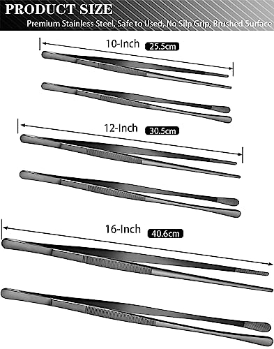 2 Pcs 16 Inch Kitchen Tweezers Tongs with Precision Serrated Tips (16+16inch / Black)