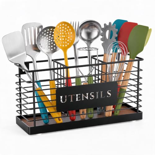 Utensil Holder for Kitchen Counter Large Black Metal Cooking Utensil Organizer 3 Compartments for Countertop Kitchen Tool Spatula Holder Wood Base (Brown-3 Slots)