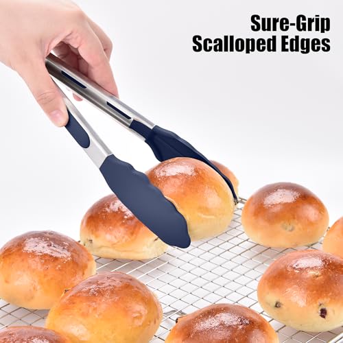 Kitchen Tongs with Silicone Tips for Cooking Serving (9in / Navy Blue)