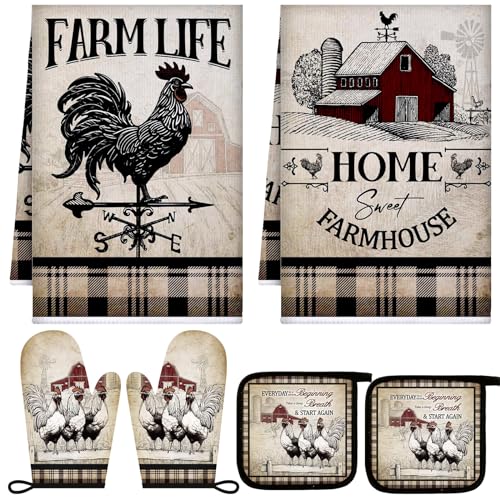 6 Barn Farm Farmhouse Kitchen Decor Dish Towels Oven Mitts and Pot Holders Sets Chicken Kitchen Towels Absorbent Decorative Accessories for Cooking Baking Grilling (Retro Gray / Barn Farm)