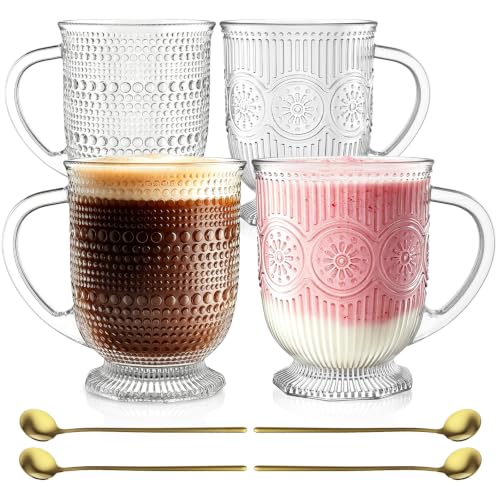 16oz Glass Coffee Mugs with Handle and Spoon Set of 4 Vintage Mug (Hobnail+Floral)