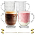 16oz Glass Coffee Mugs with Handle and Spoon Set of 4 Vintage Mug (Hobnail+Floral)