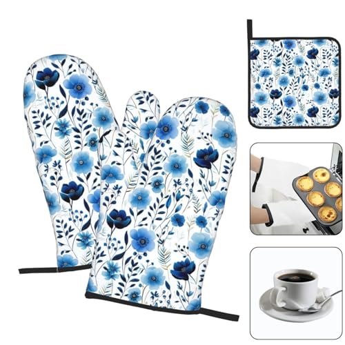 Blue Floral Oven Mitts and Pot Holders Sets of 3 (Blue-floral)