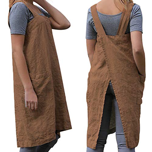 Cotton Linen Apron Cross Back Apron for Women with Big Pockets Square Pinafore Dress for Baking Cooking BBQ & Grill (Khaki / Medium)