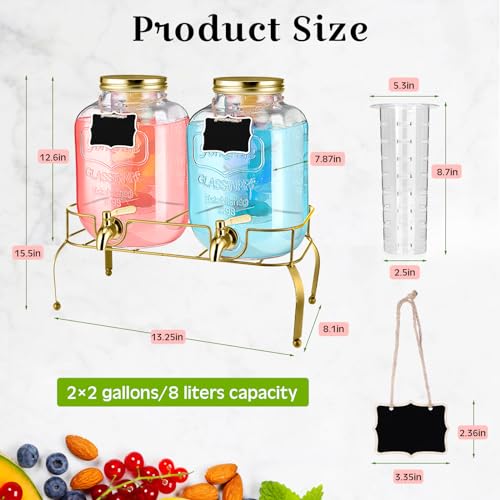 2 Pcs 2 Gallon Glass Drink Dispenser with Stand Ice Cylinder Hanging Chalkboard Signs 18 (Gold)