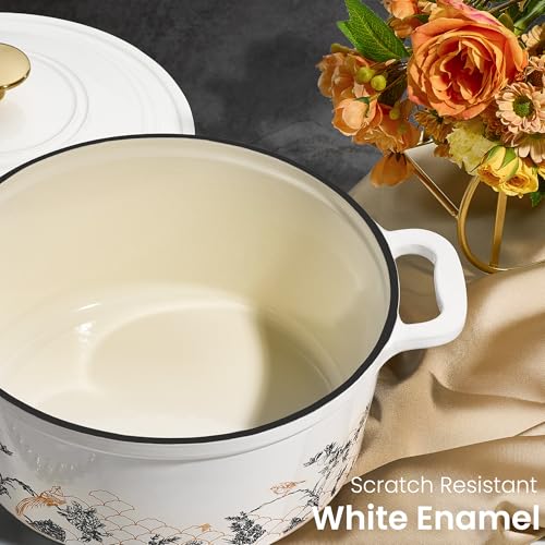 Cast Iron Dutch Oven Pot with Lid (White Bird & Floral / 5QT)