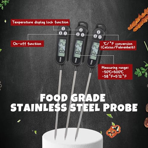 6 Pcs Instant Read Meat Thermometer Long Probe (Black)