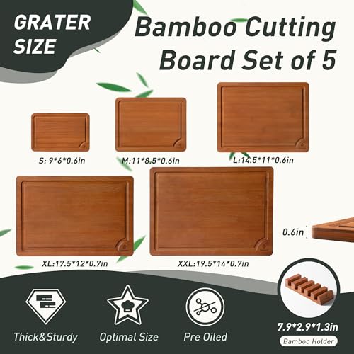 Bamboo Cutting Board Set Non Slip Feet with Holder Over Sink Best Grandpa Grandfather Elder Men Father Day Grandparents Great Papaw Peepaw Pawpaw Granddad Happy Birthday Christmas Unique Cool Gifts (5 Pack with Holder / Brown)