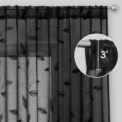 Black Sheer Curtains Leaf Embroidered (52"W x 96"L (Pack of 2) / Black)