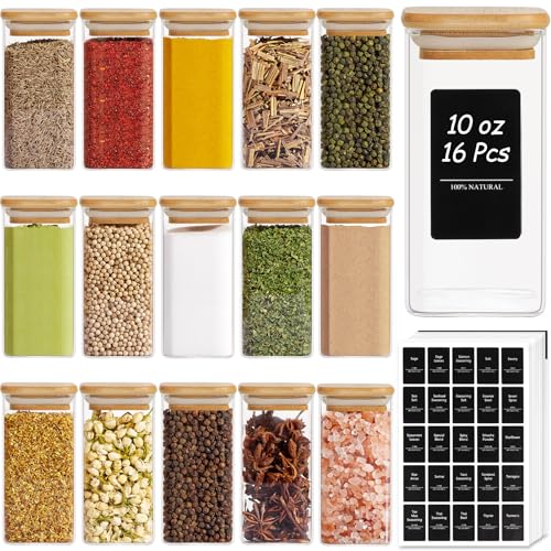 Square Glass Spice Jars with Labels 10 oz 16 Pack with Bamboo Lids (10 fl oz x 16 - Square)