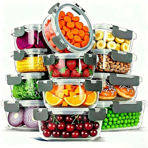 12 Pack Glass Food Storage Container Set with Lids Non Toxic (Gray-12)