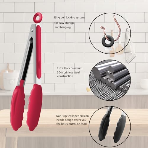 Kitchen Tongs with Silicone Tips (Red)
