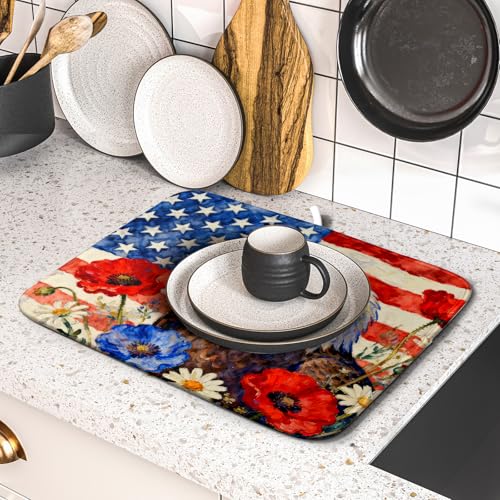 4th of July American Flag Eagle Dish Drying Mat for Kitchen Counter 16x18 Patriotic Floral Memorial Day Absorbent Reversible Microfiber Drying Mats Kitchen Countertop Protector Dishes Drainer Pad (16" x 18")