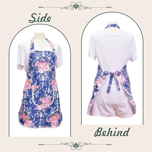 Kitchen Aprons for Women Personalized Vintage Rose Floral Aprons with Lace Ruffle & 2 Pockets Cute Apron Dress Cooking Gradening Painting Linen Cotton Aprons Gift for Mom Wife Sister Grandma (Blue)