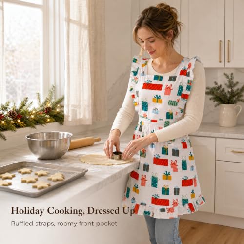 Women Cotton Apron Ruffle Adjustable Strap with Pocket (Gift Box)