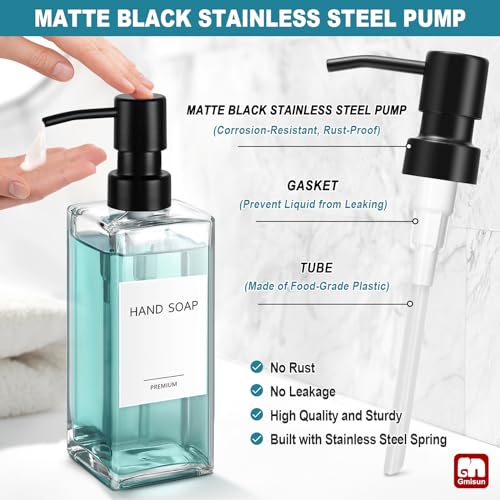 Glass Soap Dispenser with Stainless Steel Pump (Clear Bottle + Black Pump / 2 Pack)