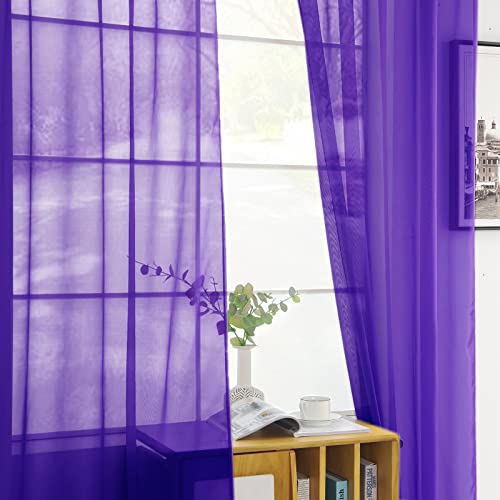 Solid Sheer Rod Pocket Curtain Voile Draperies 2 Panels White Beige Black Grey Coffee 52 Inch Width 90 Inch Long 1 Pair for Kitchen Bedroom Children Living Room Yard (Purple / 52"W x 90"L (Pack of 2))