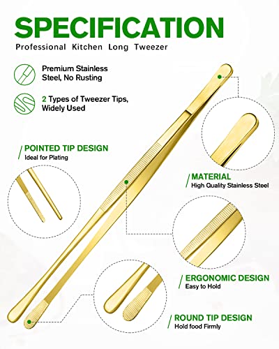 4 Pcs Fine Long Tweezer Tongs Professional Gold (Gold)