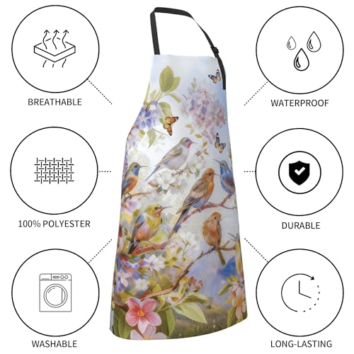 Bird Aprons for Women Spring Flower Kitchen Apron Adjustable Neck for Cooking BBQ Painting (33" x 28"(Pack of 1) / Spring Bird Blue)