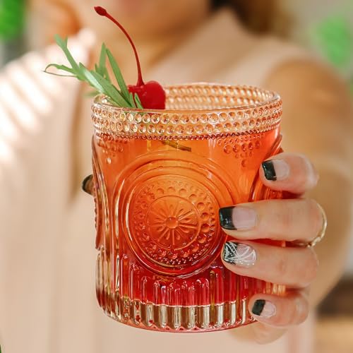 Ribbed Retro Arch Floral Rose Gold Drinking Glasses Set of 6 (10 oz / Rose Gold)