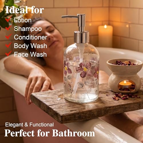 17oz Glass Soap Dispenser with Pump (Purple Flower)