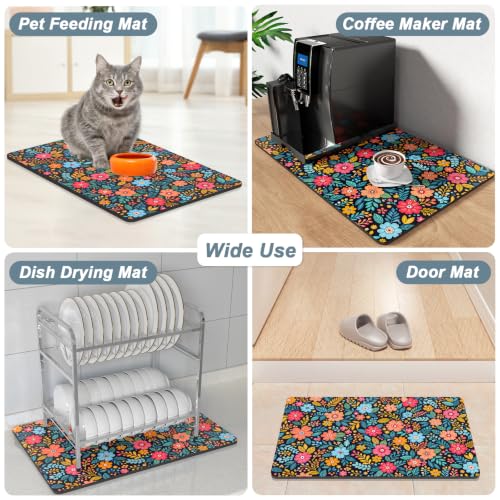 Coffee Mat 12" x 19" Coffee Bar Mats for Espresso Machine Station Accessories and Organizer (Boho Colorful Garden / 12" x 19")