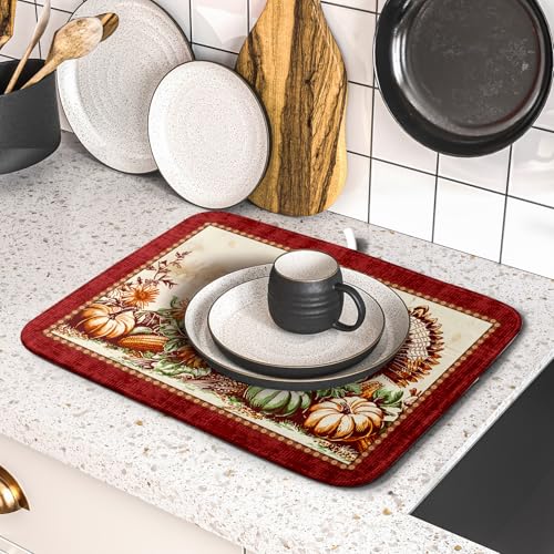 Rustic Turkey Dish Drying Mat for Kitchen Countertop 16x18 inch Fall Thanksgiving Pumpkin Sunflowers Harvest Dish Drainer Mats Fast Drying Farmhouse Country Style Dish Drying Pad Holiday Decor (18" x 16")